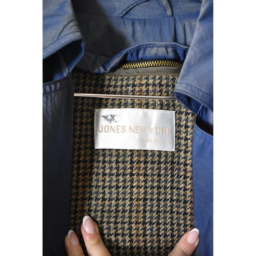Jones‎ New York Trench Coat Womens Size L Blue Vintage 80s Iridescent Belted USA